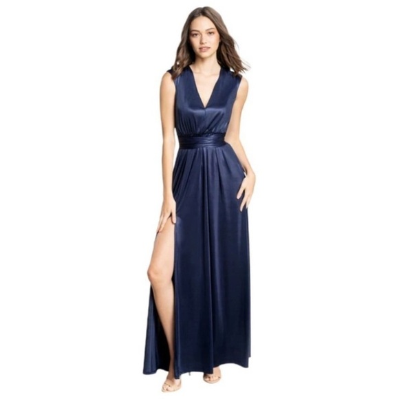 Dress The Population Krista Plunging V-Neck Side Slit Gown Dress‎ Navy Blue XS